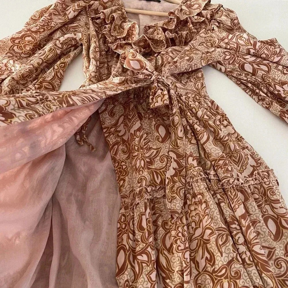 House of Harlow 1960 XS Aditi Wrap Pattern Maxi Dress Boho Ruffles Tiered Fall - Picture 3 of 13